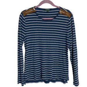 Lauren Ralph Lauren Striped Long Sleeve Ribbed Blue Shirt Suede Zip Accents‎ XL